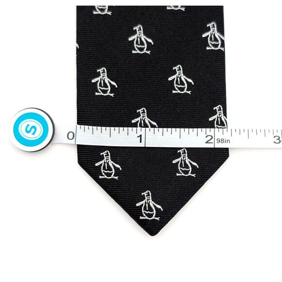 Original Penguin Repp Tie Embroidered Silk Black White Repeating Retro Skinny - Picture 7 of 8